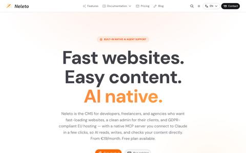 Neleto — Fast websites. Easy content. AI native. — screenshot