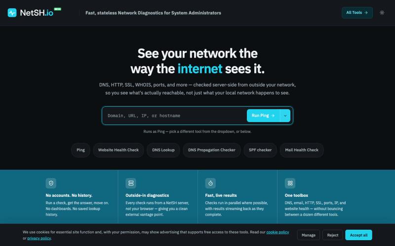 NetSH.io — Ping, DNS Lookup, SSL, WHOIS & Port Checker — screenshot
