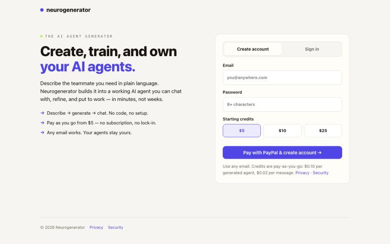 Neurogenerator — create, train, and own your AI agents — screenshot