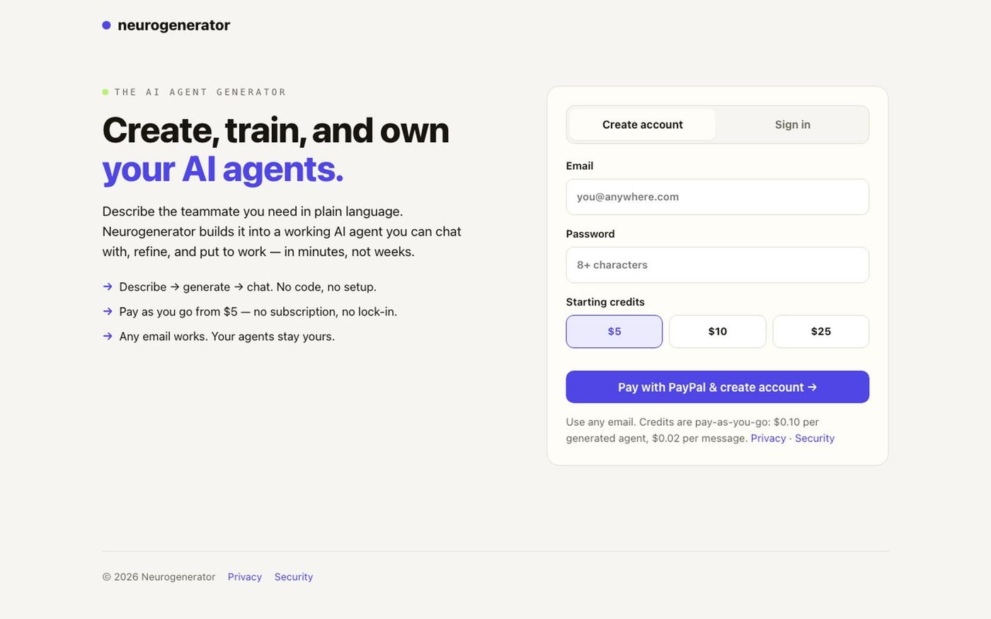Neurogenerator β create, train, and own your AI agents β screenshot