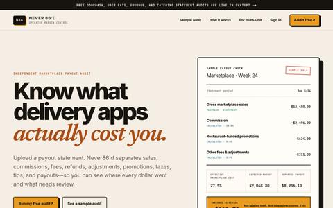 Never86’d | Restaurant Delivery Fee & Payout Audit — screenshot