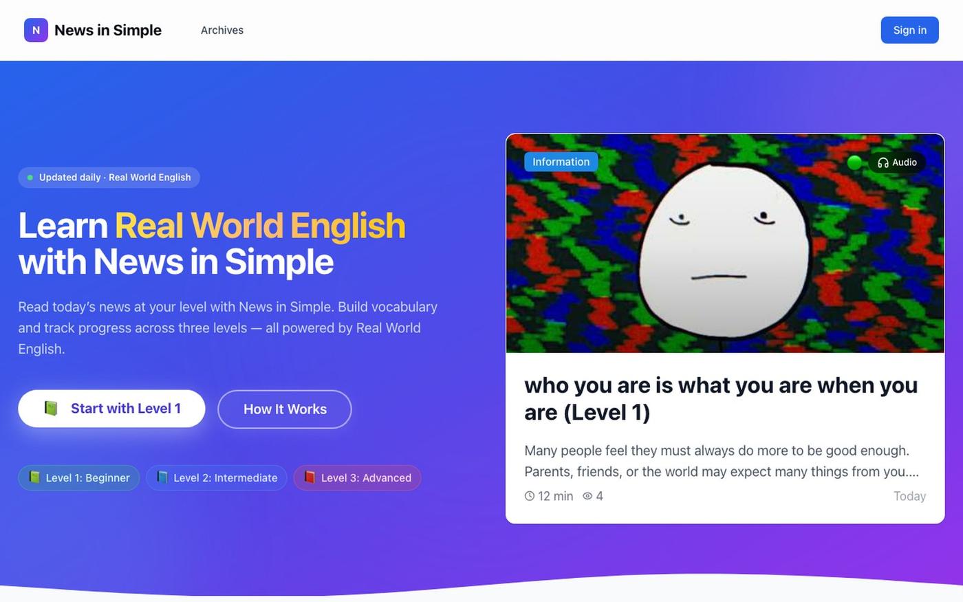 News in Simple: 3-Level News & Real World English — screenshot