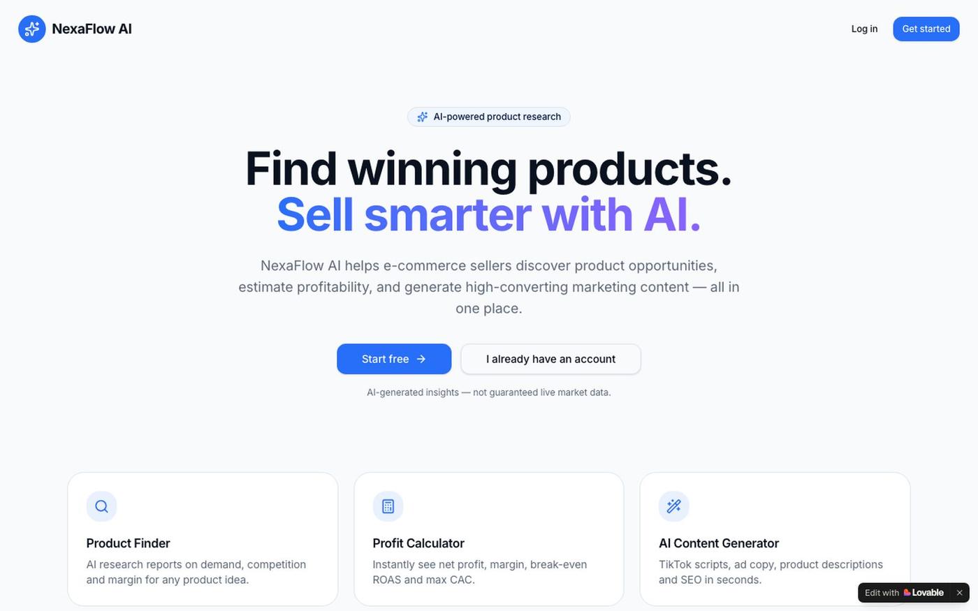 NexaFlow AI — AI Product Research & Marketing for E-commerce — screenshot