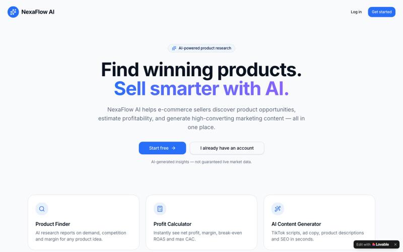 NexaFlow AI — AI Product Research & Marketing for E-commerce — screenshot