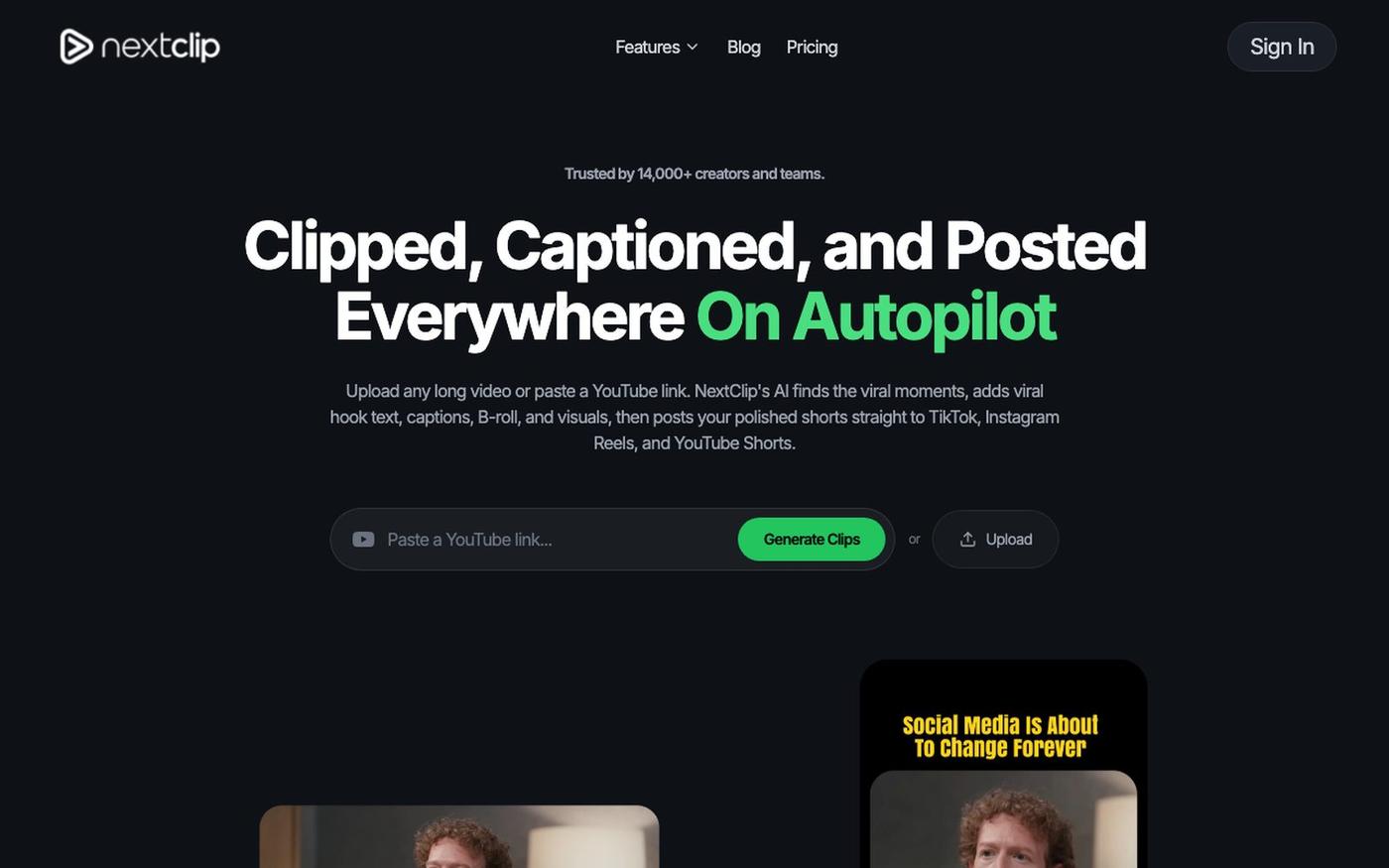 Clipped, Captioned, and Posted Everywhere On Autopilot | NextClip — screenshot