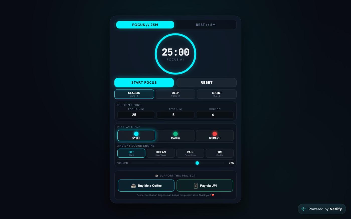 NEXUS FOCUS // Futuristic Ambient Pomodoro Engine — screenshot