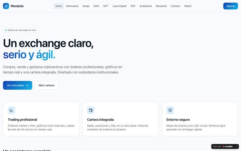 Novacex — Exchange institucional de criptoactivos — screenshot