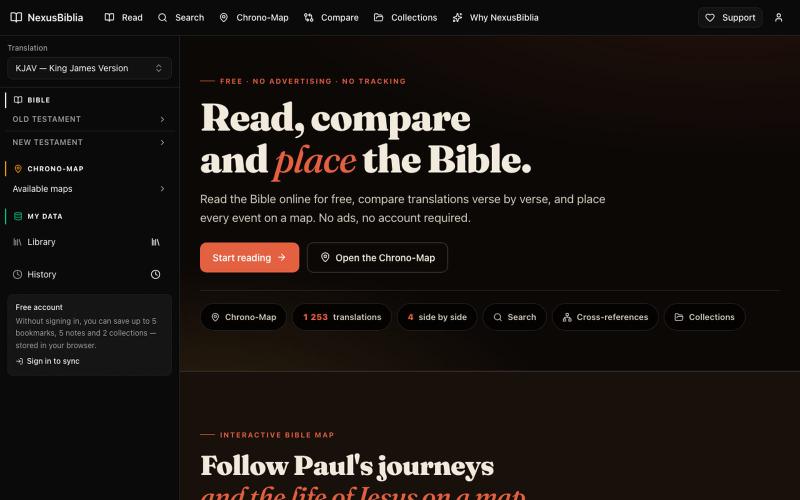 Lire la Bible en ligne — 1 253 traductions, comparaison et cartes | NexusBiblia — screenshot