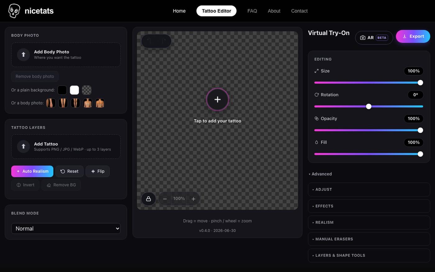 Try Tattoo Designs Online — Free Tattoo Try-On Editor · Nicetats — screenshot
