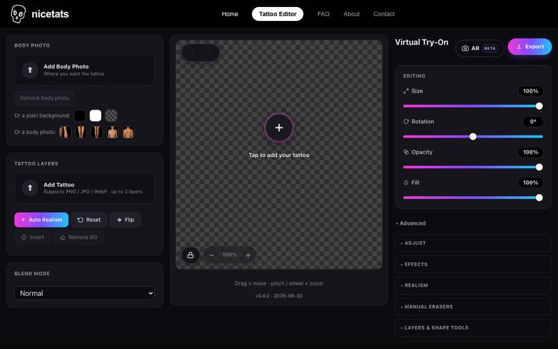 Try Tattoo Designs Online — Free Tattoo Try-On Editor · Nicetats — screenshot