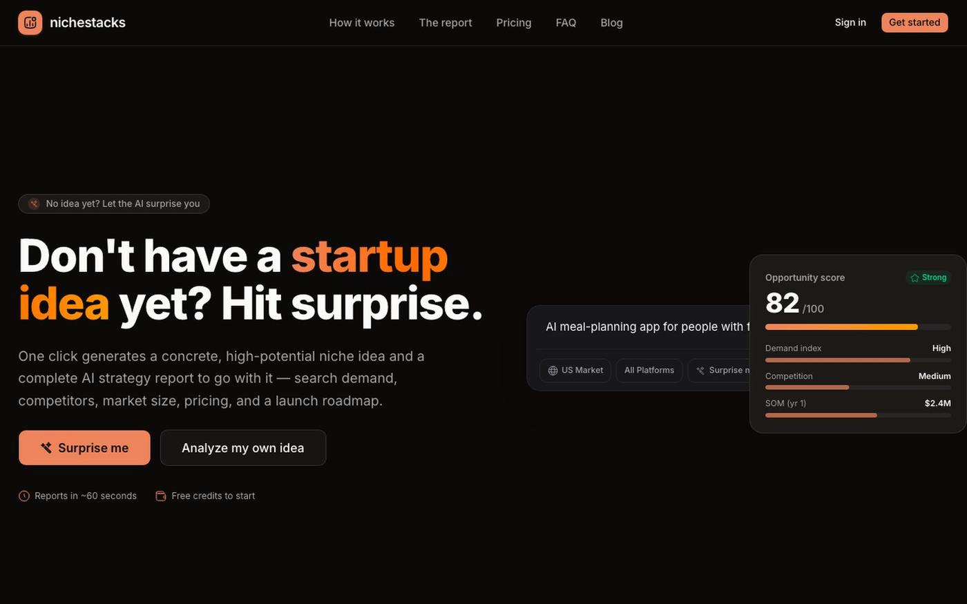 nichestacks — Validate Your Next Startup Idea With AI Market Research — screenshot