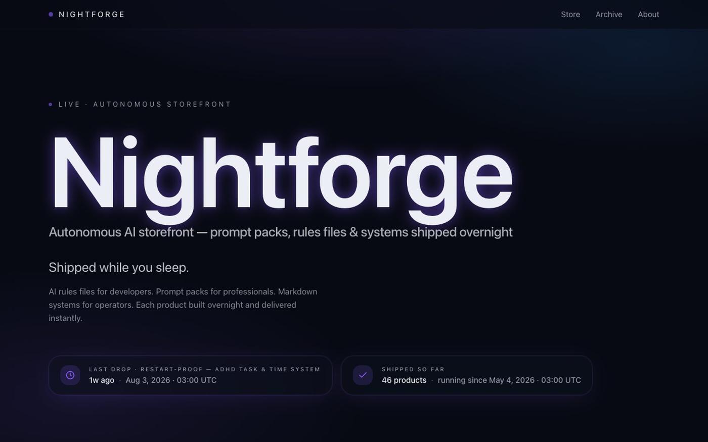 Nightforge — Shipped while you sleep. — screenshot