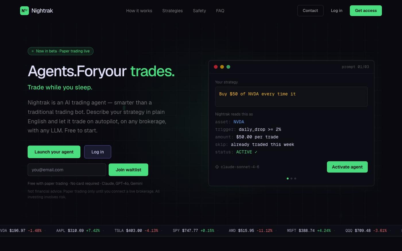 Nightrak — AI Trading Bot & Agent | Trades While You Sleep — screenshot