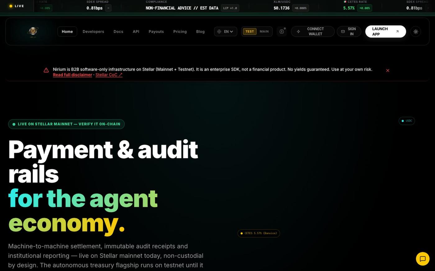 Nirium | Live on Stellar Mainnet — payment & audit rails for AI agents — screenshot
