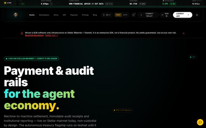 Nirium | Live on Stellar Mainnet — payment & audit rails for AI agents — screenshot