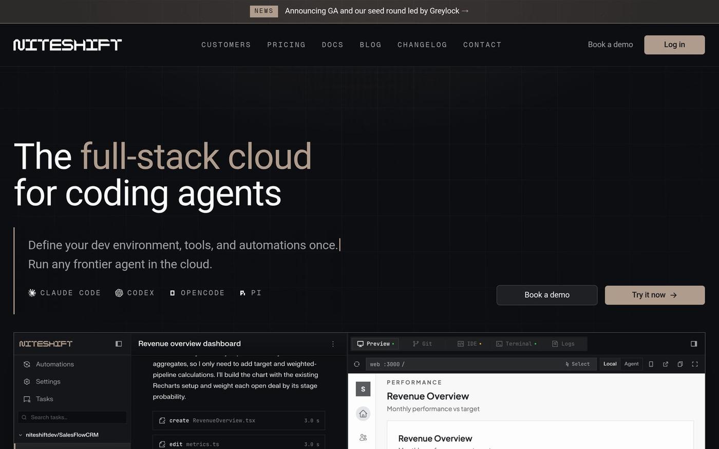 Niteshift — The full-stack cloud for coding agents — screenshot