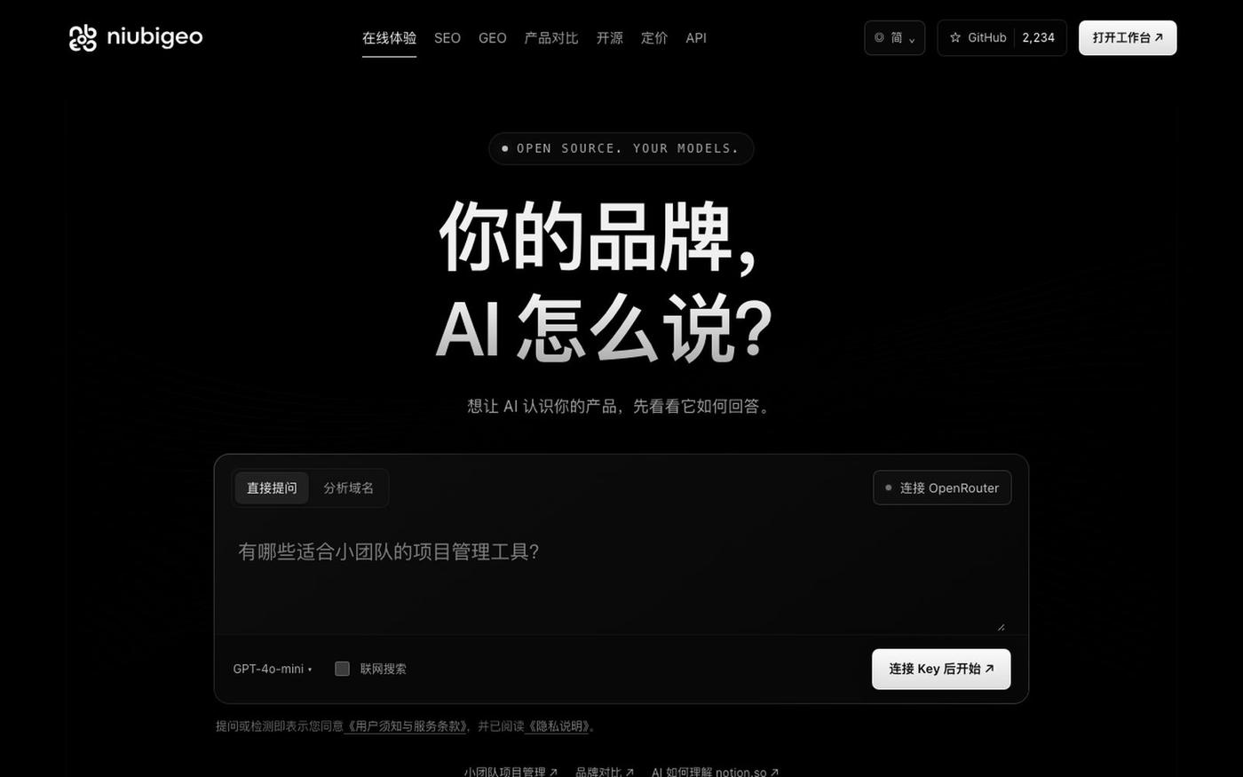 niubigeo.ai|开源 GEO、AI 品牌分析与 SEO 服务 — screenshot