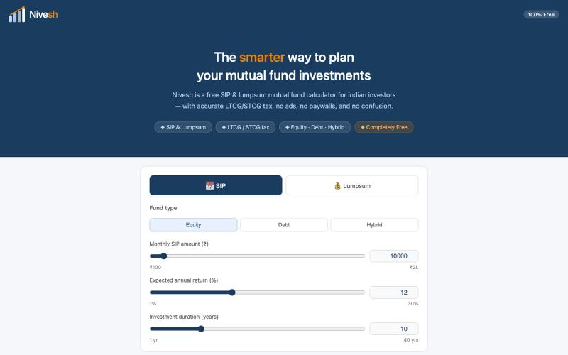 Nivesh – Free SIP Calculator India | Mutual Fund Returns & LTCG Tax 2026 — screenshot