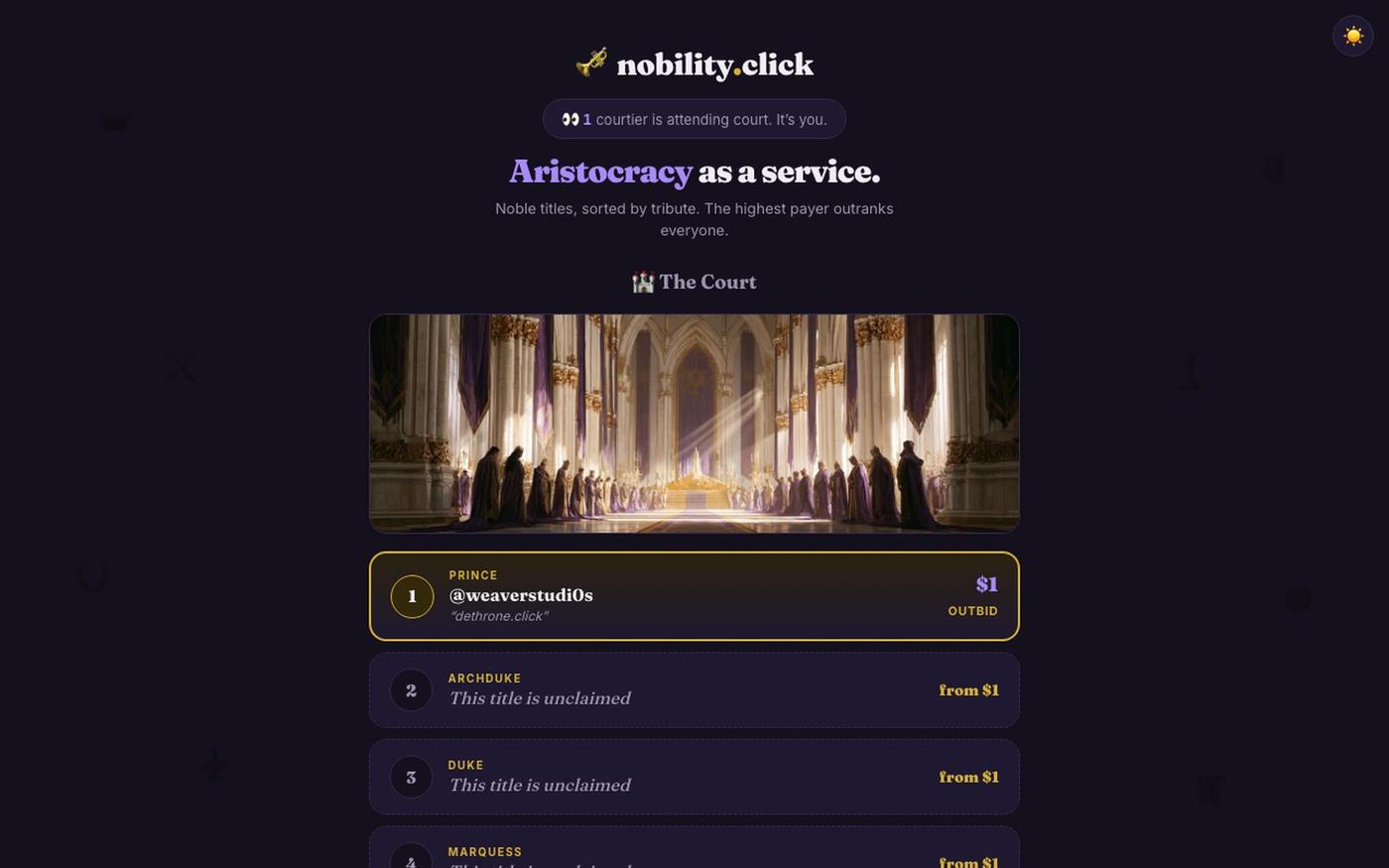 nobility.click — titles, sorted by money — screenshot