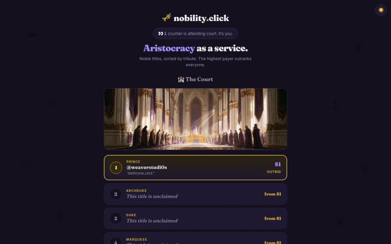 nobility.click — titles, sorted by money — screenshot