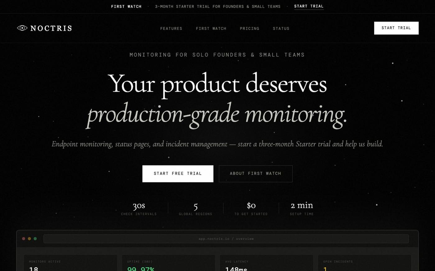 Noctris — Website & API monitoring with status pages — screenshot