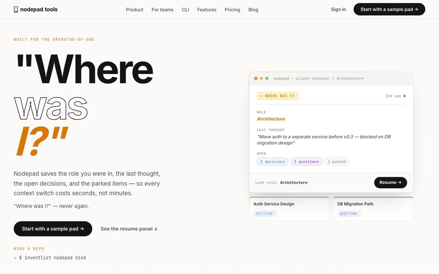 InventList | Nodepad — "Where was I?" Context recovery for builders, teams, and — screenshot