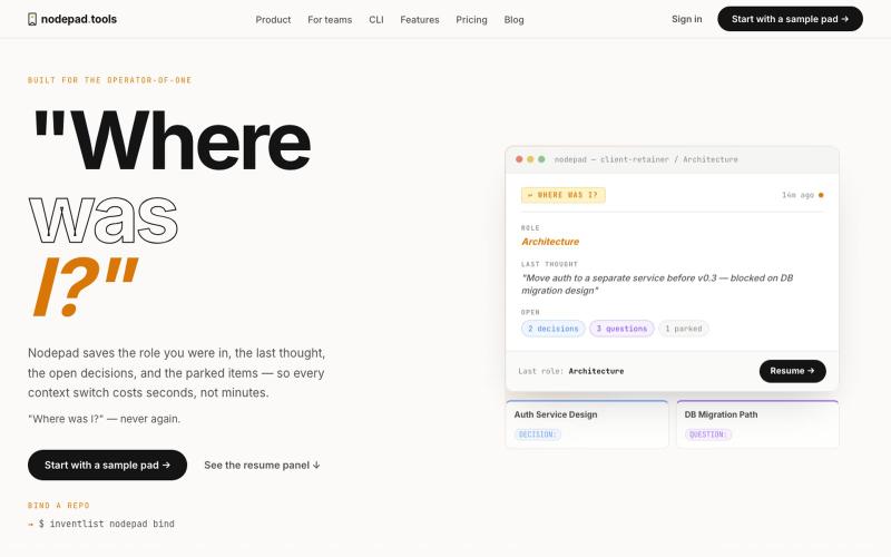 InventList | Nodepad — "Where was I?" Context recovery for builders, teams, and — screenshot