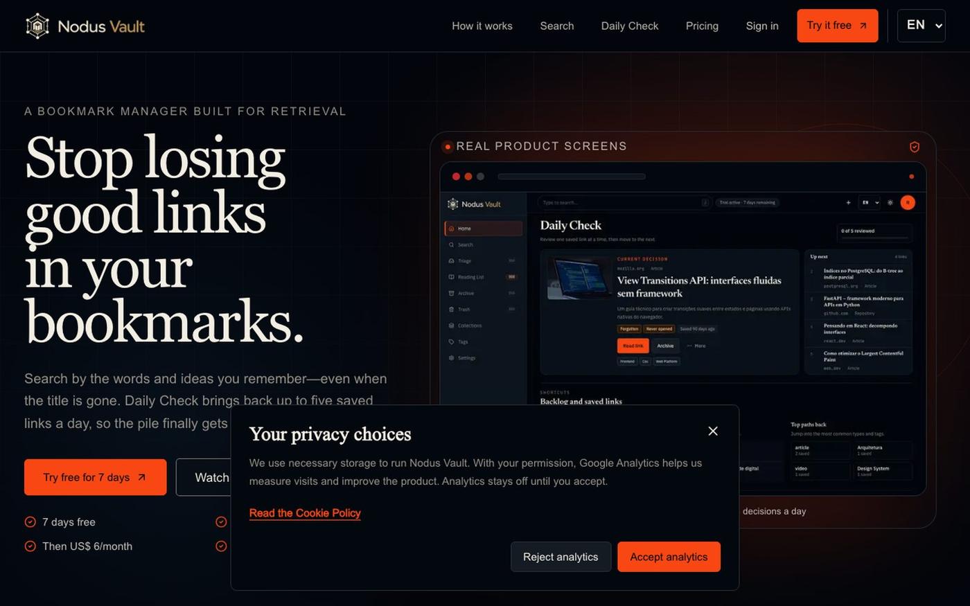 Nodus Vault: Bookmark Manager That Brings Links Back — screenshot