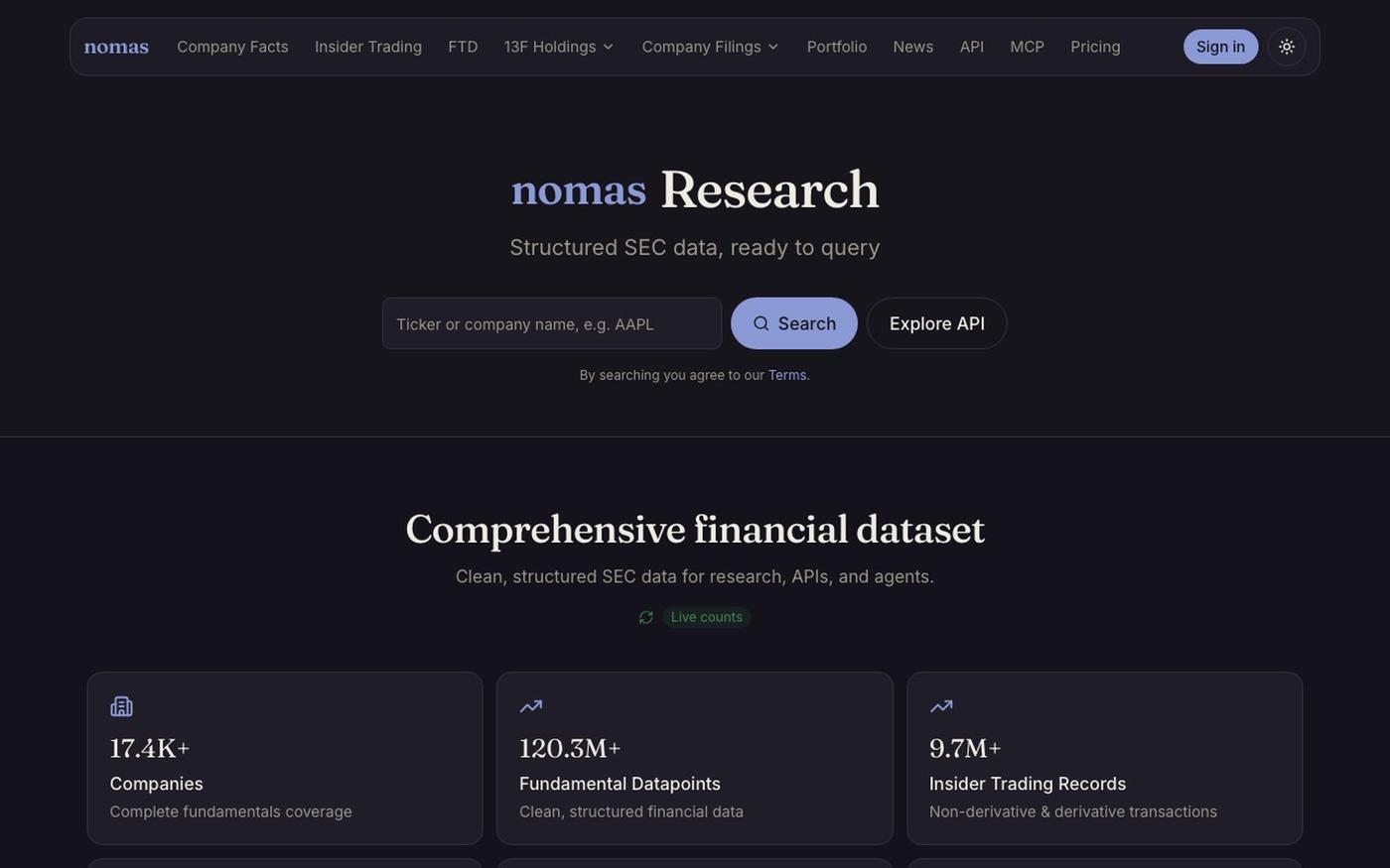 Nomas - Structured SEC Data for Research, APIs, and Agents — screenshot