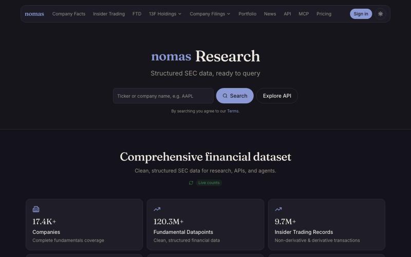 Nomas - Structured SEC Data for Research, APIs, and Agents — screenshot
