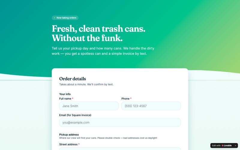 Sparkle Cans — Trash Can Cleaning Order Form — screenshot