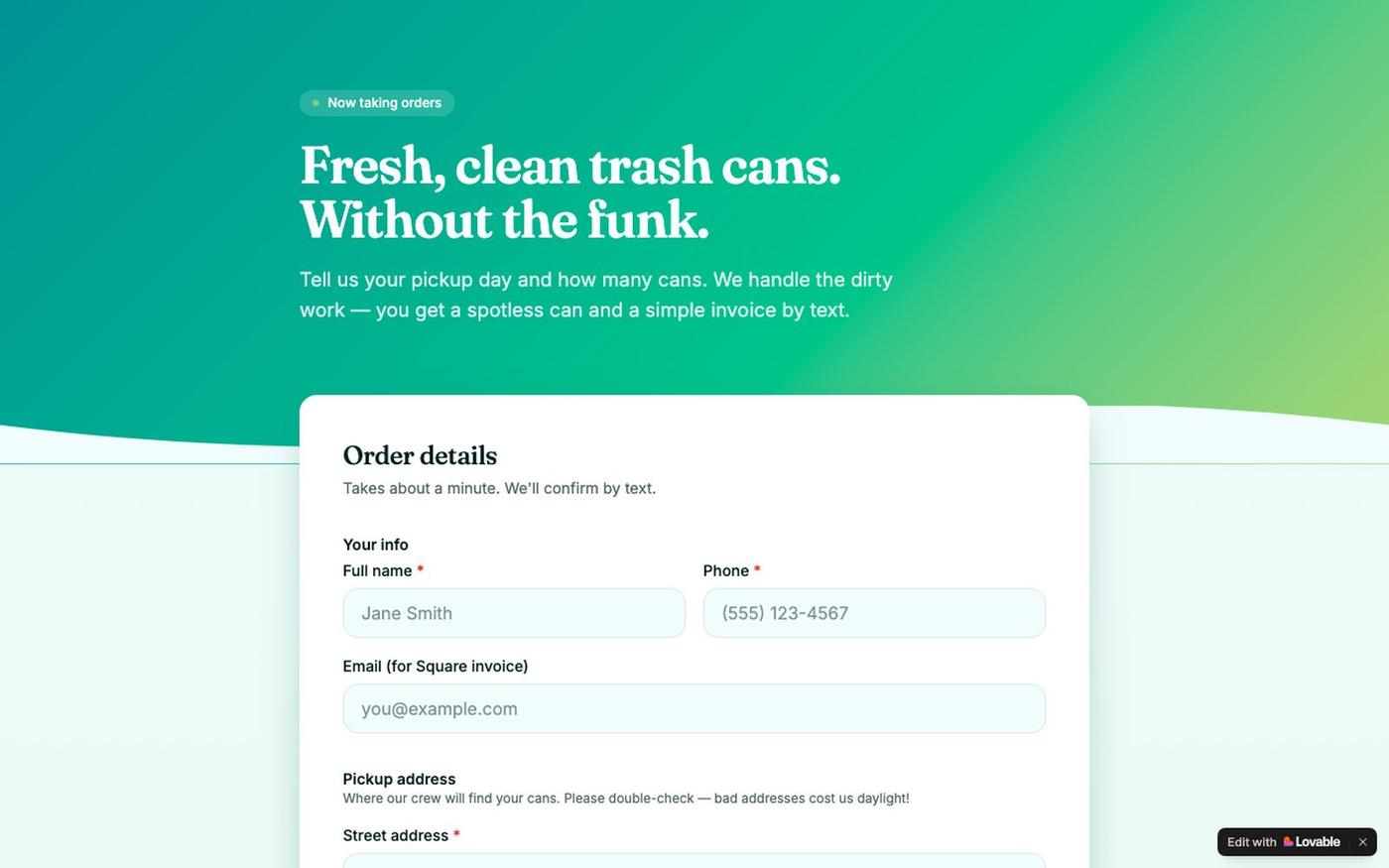 Sparkle Cans — Trash Can Cleaning Order Form — screenshot