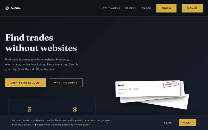 NoSite - Find Trades Without Websites | NoSite — screenshot