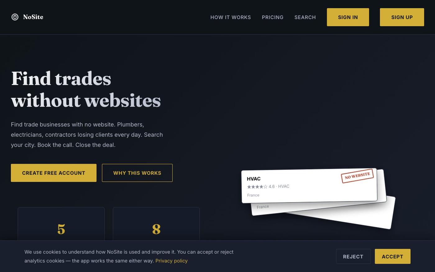 NoSite - Find Trades Without Websites | NoSite — screenshot