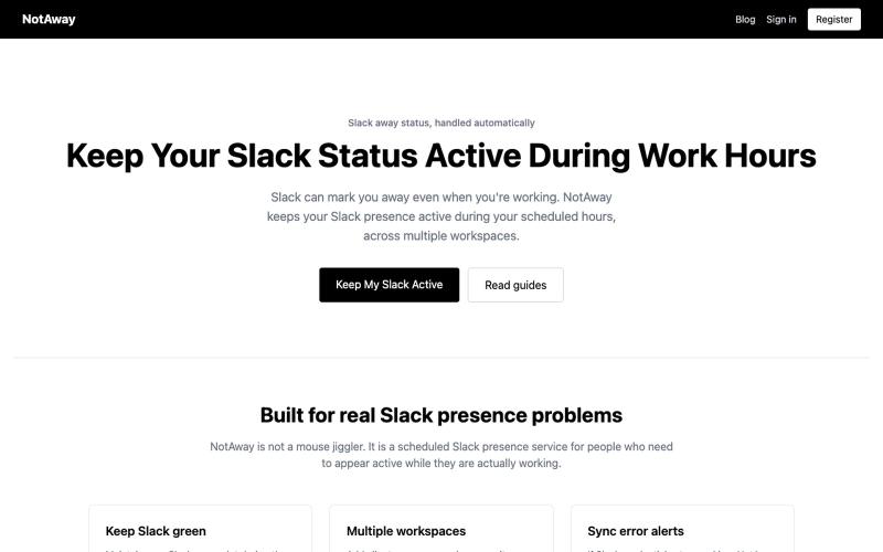 Keep Slack Active & Green During Work Hours | NotAway — screenshot