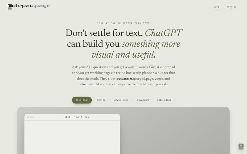 notepad.page — Your AI can build useful, visual pages — screenshot