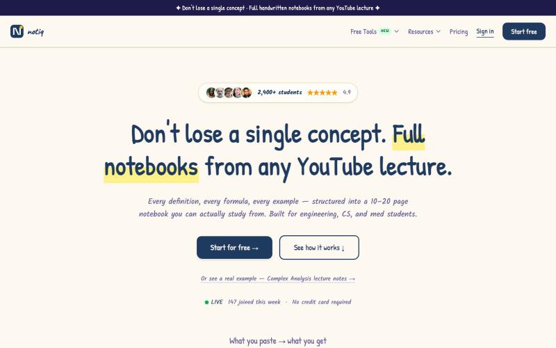 Notiq — Turn Any YouTube Video into Perfect Study Notes — screenshot