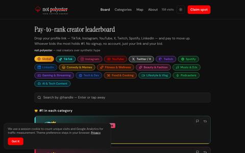 not polyester — pay-to-rank creator board — screenshot