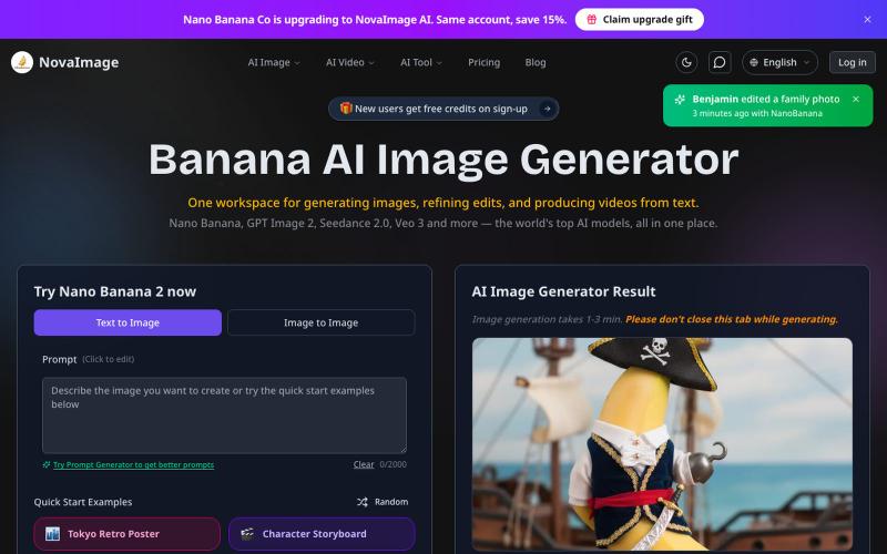 Banana AI Image Generator - Free AI Image & Video Generator Online | Novaimage a — screenshot
