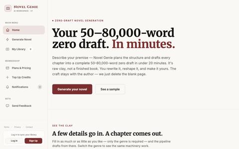 Novel Genie — 50–80k-Word Zero Drafts for Writers — screenshot
