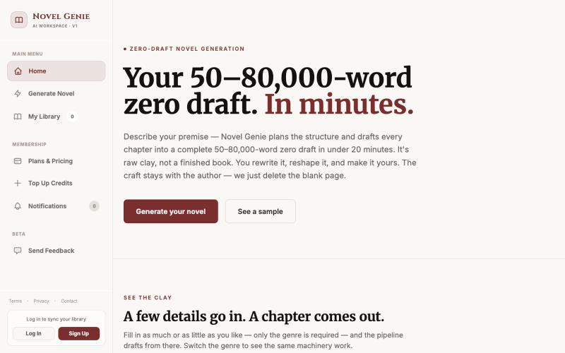 Novel Genie — 50–80k-Word Zero Drafts for Writers — screenshot