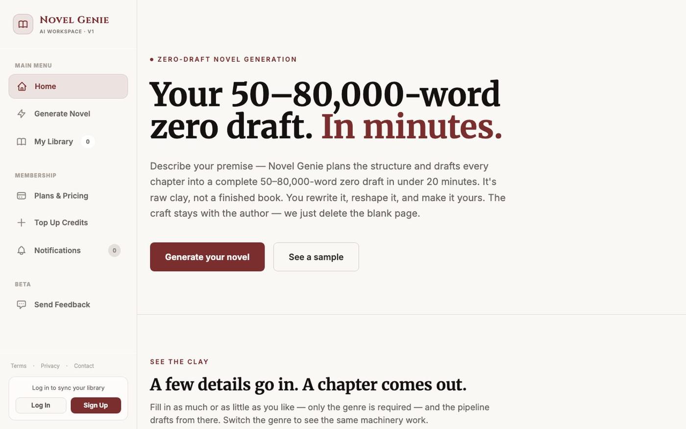 Novel Genie — 50–80k-Word Zero Drafts for Writers — screenshot