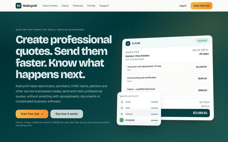 NubryxAI | Quoting software for small service businesses — screenshot