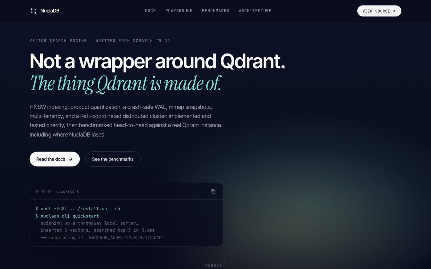 NuclaDB: Not a wrapper around Qdrant. The thing Qdrant is made of. — screenshot