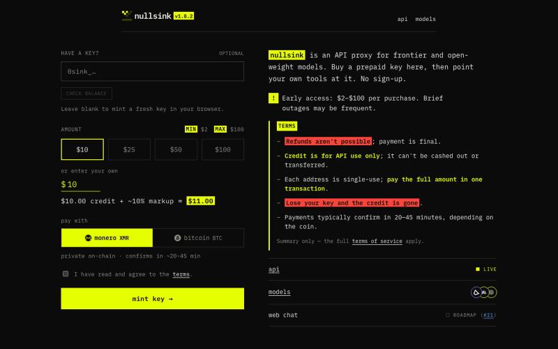 nullsink: anonymous LLM proxy — screenshot
