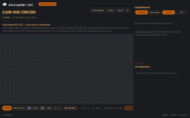occupier.lol — Capture the 10,000-cell internet billboard — screenshot