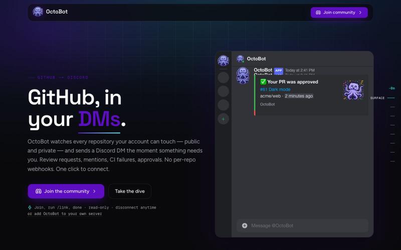 OctoBot — GitHub notifications that reach you on Discord — screenshot
