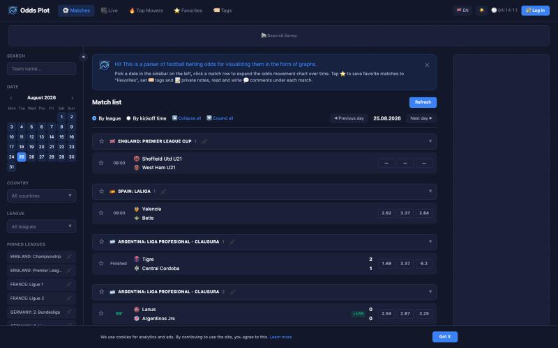 Odds Plot — real-time bookmaker odds tracker — screenshot