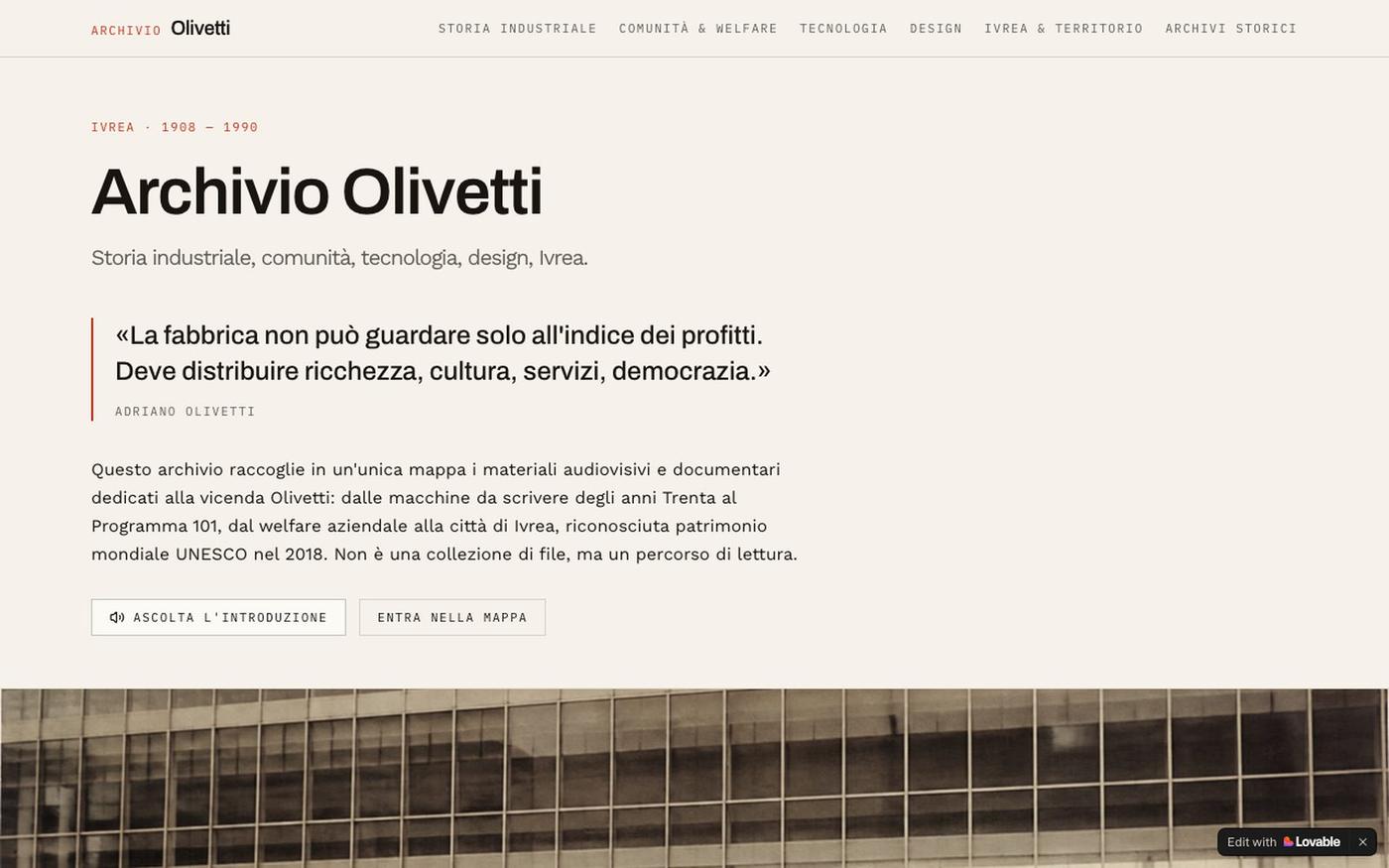 Archivio Olivetti — Storia, Comunità, Tecnologia, Design — screenshot