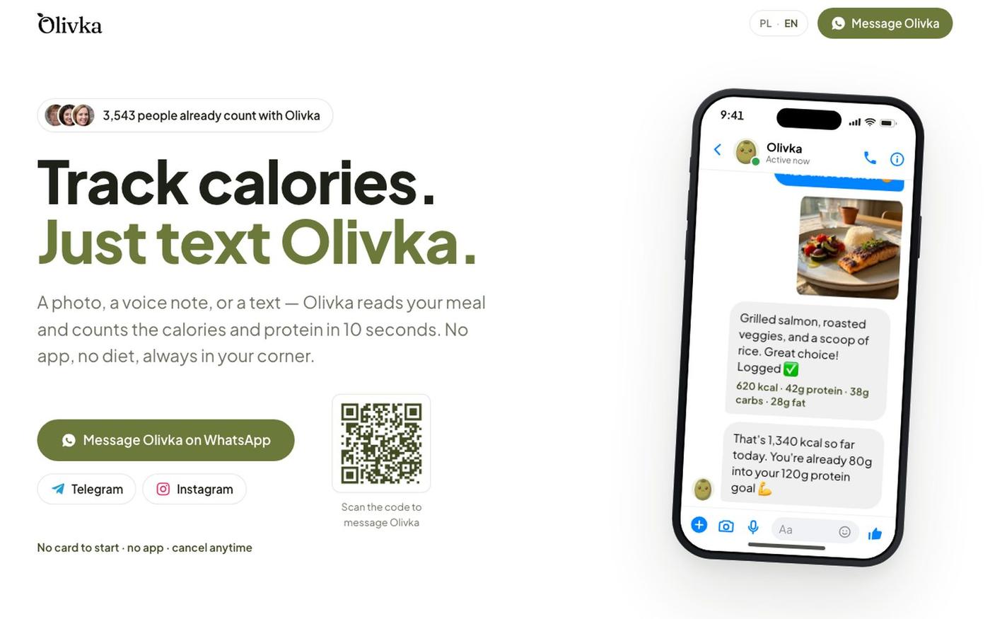 Olivka — AI calorie counter in chat. No app, no diet. — screenshot